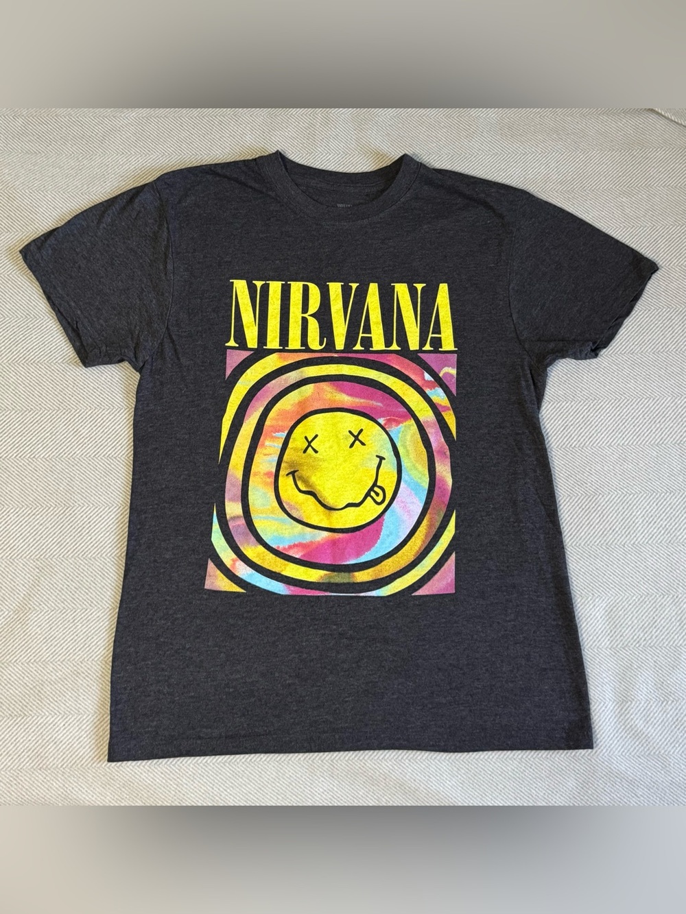 NIRVANA Black Tee with Yellow Logo and Multicolor Tie-Dye Smile